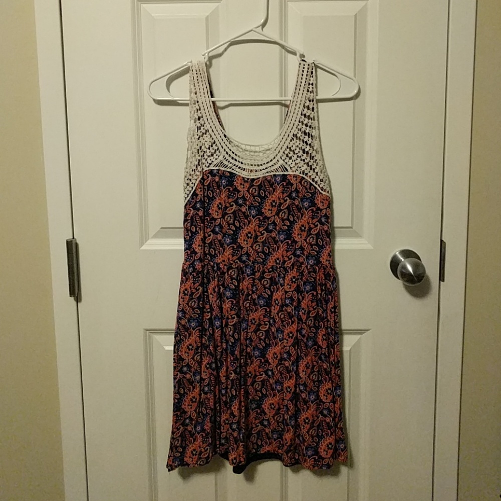 Pink and blue paisley dress with white lace trim